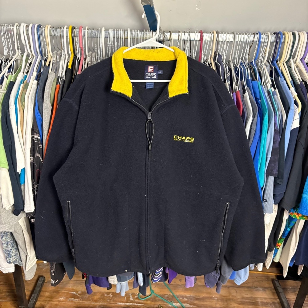 Chaps Ralph Lauren Mens Fleece Jacket Full Zip Black Yellow Large Vintage Style